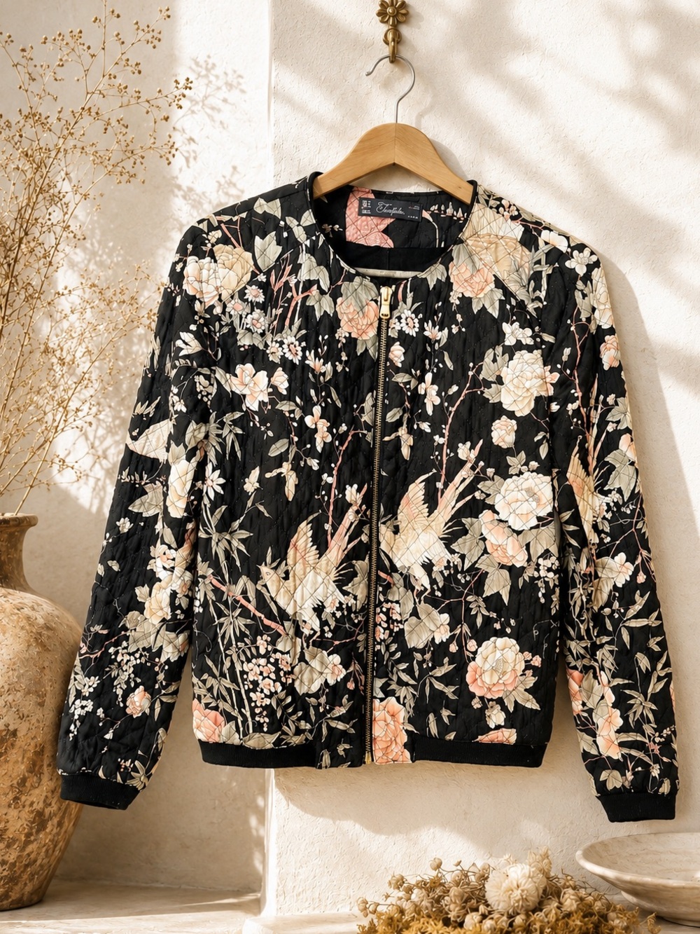 ZARA Trafaluc Quilted Floral Crane Bird Bomber Jacket Black Size M